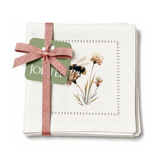 Jolitee Decorative Hemstitch Cocktail Napkins, 6"x6" Washable Linen-Like Cloth Napkins, Handmade for Entertaining and Everyday Use (Bee Flower)