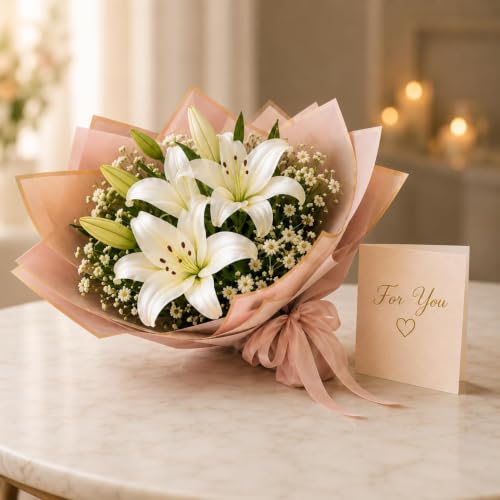 Image of CURATED CART 2 Pcs Lily Artificial Flowers Bunch for Home Decoration - Big Lilys Bouquet for Home Decor - Real Touch Faux Latex Long Stem - Includes 6 Lily Flowers and 10 Half Bloom Buds-White Colour