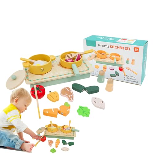 Toys Kitchen para niños, Fetend Play Kitchen Cooking Set,Set de Cocina para niños pequeños | Utensilios de Cocina de Madera con macetas, Palas, Vegetales para niñas para niños