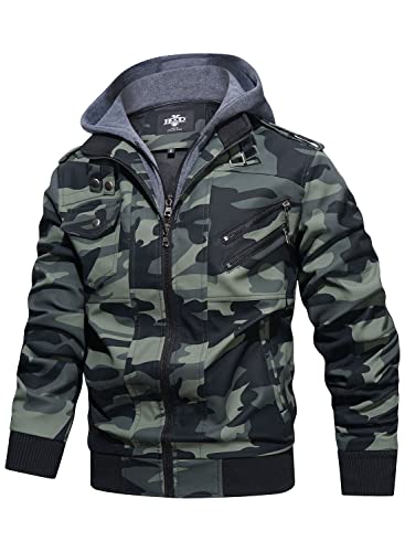 Image of HOOD CREW Men's Casual Stand Collar PU Faux Leather Zip-Up Motorcycle Bomber Jacket With a Removable Hood
