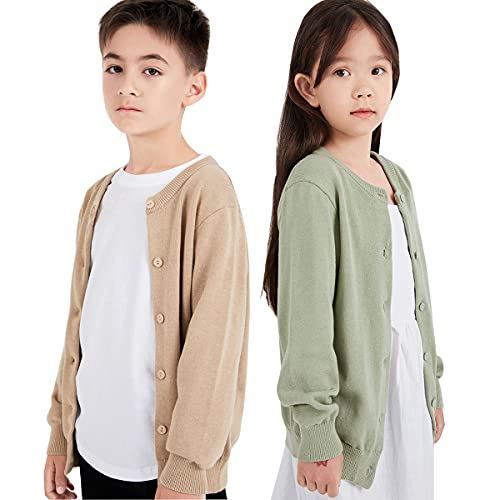 Boys' School Uniform Sweaters Long Sleeve Anti-Pill Cotton Knit Crew Neck Cardigan (Khaki, 12-13) #TOP6