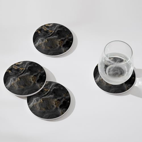 Image of Set of 6 Abstract Black Marble Coasters with Holder, Absorbent Ceramic Coasters for Drinks, Coasters with Cork Backing for Table Protection, Housewarming Gifts for New Home