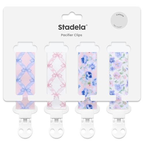 Image of Stadela Baby Pacifier Clip Holder - Girl 4 Pack Gift Set - Vintage Floral French Granmillenial Ribbons Bows and Flowers in Pink and Blue