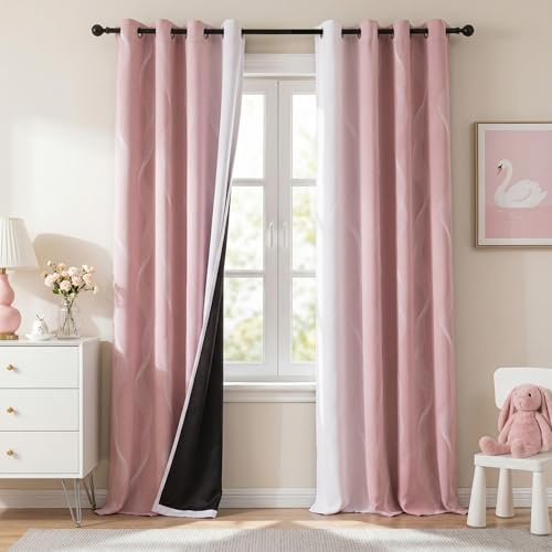 Image of MYSKY HOME Pink and Greyish White 95% Blackout Ombre Curtains 96 inch Long 2 Panels for Girls Bedroom Geometric Print Thermal Insulated Wave Line Foil Print Design Grommet Window Curtains, 52 inch Wide