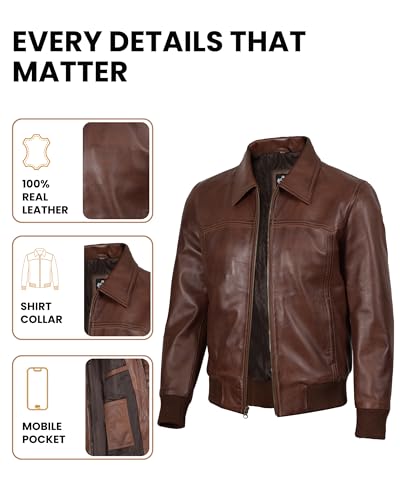Image of Decrum Men's Bomber Leather Jacket - Vintage Style Real Lambskin Leather Jacket with Rib-Knit Cuffs and Hem