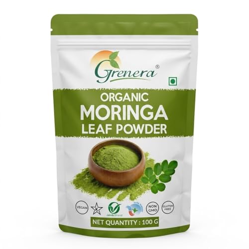 Image of Grenera Organic Moringa Powder 100g, Moringa Leaf Powder (Sahjan /Drumstick), Certified Organic, Pure Shigru Powder