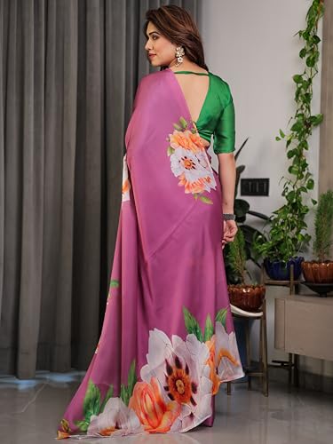 Image of ALMAARI FASHION Satin Georgette Floral Printed Saree with Blouse, Pink, 5.5 Meter Saree with 0.8 Meter Blouse