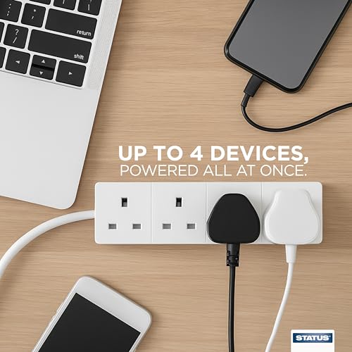 STATUS 4 Way Socket Extension Lead, 1m Cable Multi-Plug Power Strip for Home & Office Use, Wall Mountable in White (4WS1M20) - Image 2