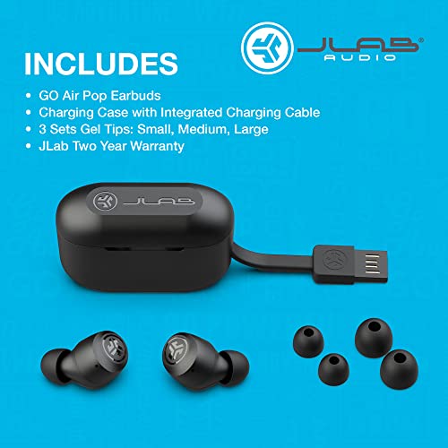 JLab Go Air Pop True Wireless Earbuds, Headphones In Ear, Bluetooth Earphones with Microphone, Wireless Ear Buds, TWS Bluetooth Earbuds with Mic, USB Charging Case, Dual Connect, EQ3 Sound, Black