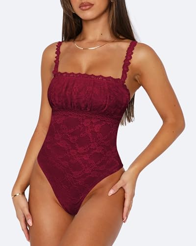 Saslax Women's Sexy Square Neck Lace Sleeveless Bodysuit Tank Tops Double Lined Body Suit Thong Outfits