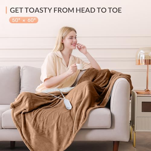 HOMLYNS LuxeHeat Heated Blanket Electric Blanket, Soft Flannel Sherpa Heated Throw, Heating Blanket with 5 Heat Settings, 3 hrs Timer Auto Shut Off (50x60 inches, Coffee)