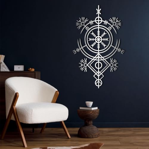Decoración de Pared de Metal Minimalista Moderna - Vegvisir Art, Viking Decor, Escultura Extraordinaria, Símbolos de guías (Plata, 62 x 39 cm)