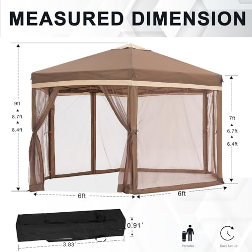COOSHADE Pop up Canopy, 10X12 Pop up Tent with Mesh Walls, 6 Sides Gazebo, Patented 1 Step Lock Tech, Screened House for Outdoor/Camping/Lawn/Trip/Gathering, Khaki and Brown