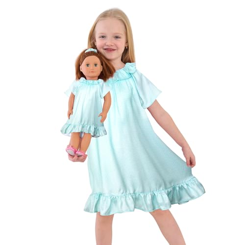 JESKIDS Matching Dolls and Girls Satin Nightgown Silk Nightdress Flutter Sleeve Pajama Clothes Mint Green Checkered 4-5T