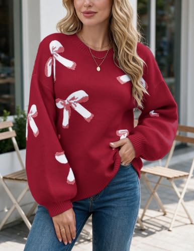 Image of Libsorge Womens Oversized Cute Bows Crewneck Pullover Sweater