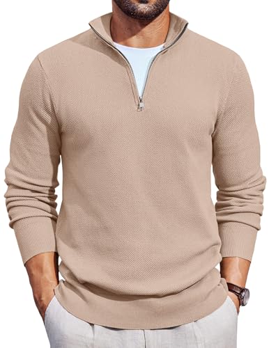 COOFANDY Men's Jumpers Quarter Zip Jumper Turtleneck Knitted Sweater Half Zip Jumpers Long Sleeve Work Jumper Casual Sweatshirts Thermo Beige L