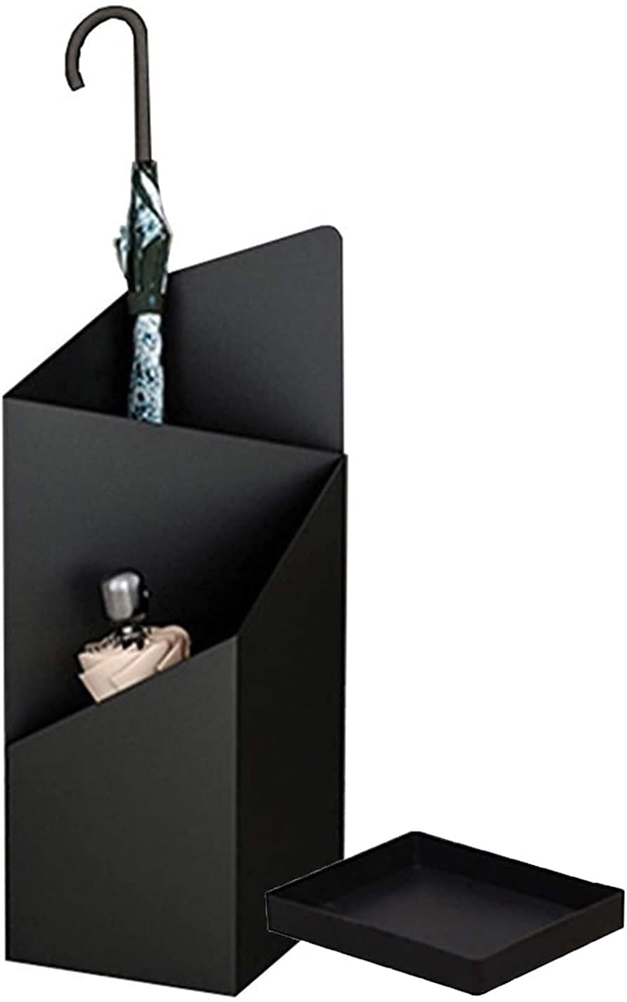 Porte-parapluie géométrique en métal noir avec plateau amovible de double stockage