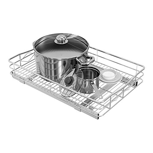 TQVAI Slide Pull Out Under Cabinet Organizer(14"W x 21"D) Single Tier Roll Out Extendable Sliding Basket, Chrome Silver