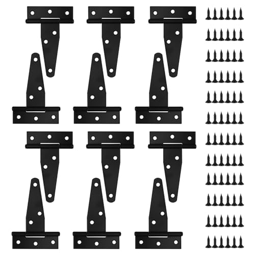 6 Pack 3 Inch T Strap Hinges, Shed Door Gate Hinges, Heavy Duty Black Outdoor Tee Hinge for Wooden...