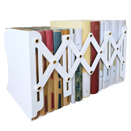 Yuetshuni Metal Bookends, Book Ends for Heavy Books, Adjustable Book Holder for Shelves, Book Stopper for Home/School/Office, Extends up to 19 inches, White