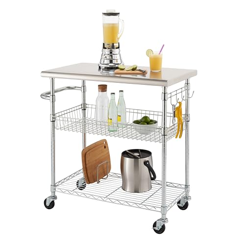 TRINITY-EcoStorage-Rolling-Metal-Wire-Kitchen-Cart-with-Removable-Stainless-Steel-Top-Basket-Shelf-Sidebar-Hooks-for-Storage-and-Food-Prep-NSF-Certified-386-W-x-20-D-x-36-H-Chrome-Finish TRINITY EcoStorage Rolling Metal Wire Kitchen Cart with Removable Stainless Steel Top Basket Shelf Sidebar Hooks for Storage and Food Prep NSF Certified 386 W x 20 D x 36 H Chrome Finish