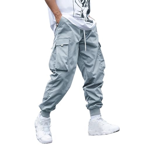 WZIKAI Men's Casual Cargo Pants Elastic Waist Drawstring Tapered Pants Athletic Techwear Joggers Pants with Flap Pockets