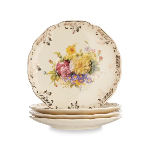 YOLIFE Ivory Vintage Floral Tea Saucers Set of 4, 5.8 inch with Gold Leaves Trim – Beautiful Porcelain Tea Plates for Cups, Ideal for Tea Parties