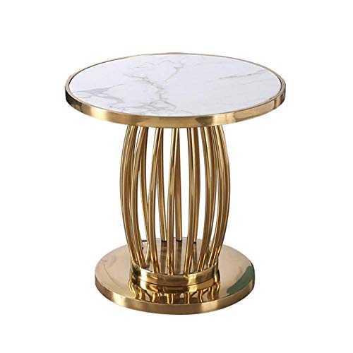 Table basse ronde en marbre blanc et structure design dorée de salon