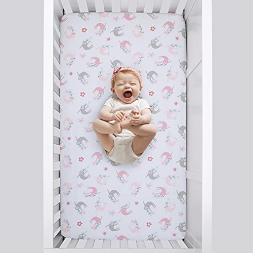 Image of Little Love by NoJo Tropical Garden Pink, Grey, and White Sloth Super Soft Fitted Crib Sheet