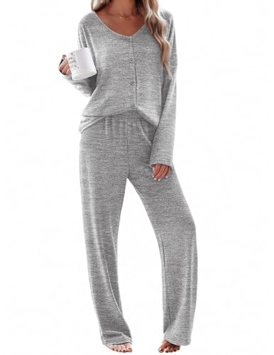 Ekouaer Womens Pajama Sets Button Up Long Sleeve Lounge Set Soft V Neck Pj