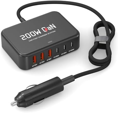 Multi Ports USB Laptop Car Charger, Fast Charge 200w PD3.0 Adapter Compatible with MacBook pro/Lenovo Thinkpad/Dell inspiron/Surface Pro/HP, Cell Phones Tablets and Other USB Devices