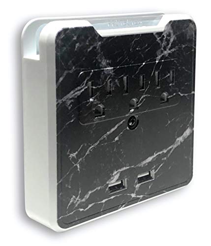 Glamsockets Decorative Wall Mount Surge Protector with 3 Outlets, Dual USB Charging Ports and Phone Holder - USB Charging Center/Multi Function Wall Tap (Black Marble)