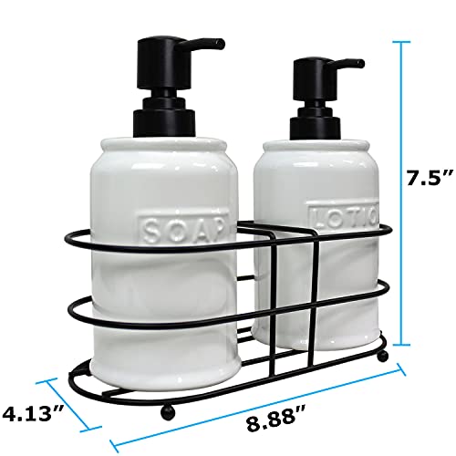 Blue Donuts 17 oz Hand Lotion and Soap Dispenser Set Ceramic Pump Bottle with Caddy, Kitchen and Bathroom Soap Dispenser, White - Thumbnail 4