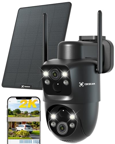 COCOCAM 2K Double Objectif Camera Surveillance WiFi Exterieure sans Fil, 6W Panneau Solaire,...