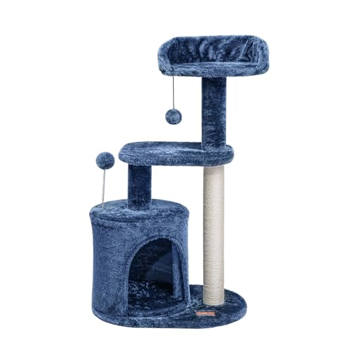 ClevaHome 33.5" Small Cat Tree Tower for Indoor Cats, Modern Kitten Condo with Sisal Scratching Post and Hanging Ball for Play, Denim Blue by Cleva - Used condition - US$40.43