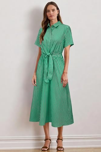 Image of Newshows Women's Work Business Casual Outfits Tie Waist Midi Shirt Dress | Lightweight & Breathable Easy-care Fabric, Side Pockets, Decent Professional Attire, Church Office Funeral Outfits