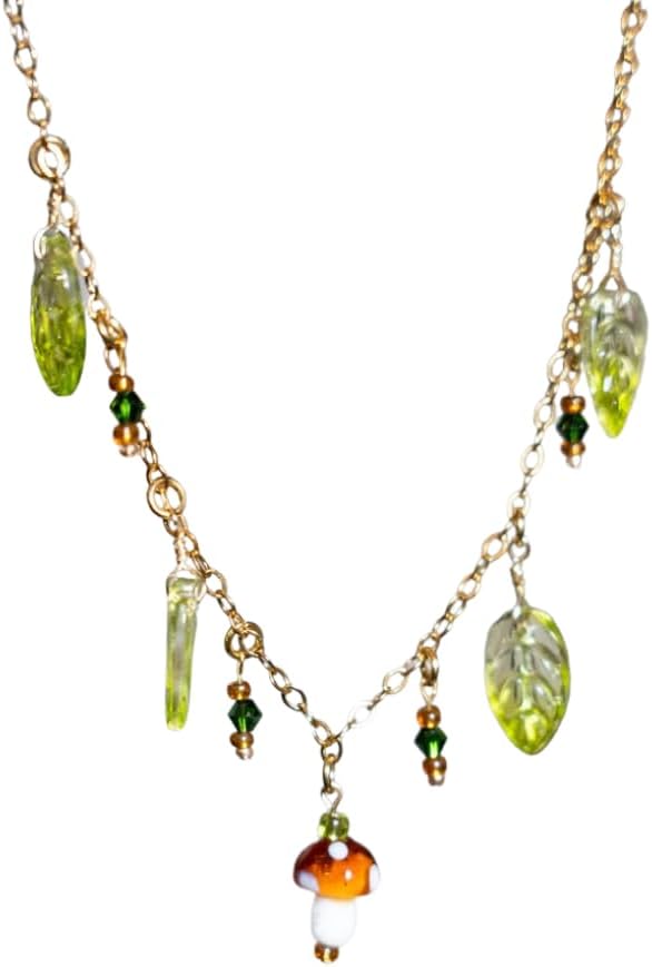 18K Yellow Gold Mushroom Necklace Forest Fairy Mushroom Charm Pendant Necklace For Women Fairycore Necklace Y2k Jewlery Set Crystal Cottagecore Necklace Jewelry Chain Hemp Pipe Choker