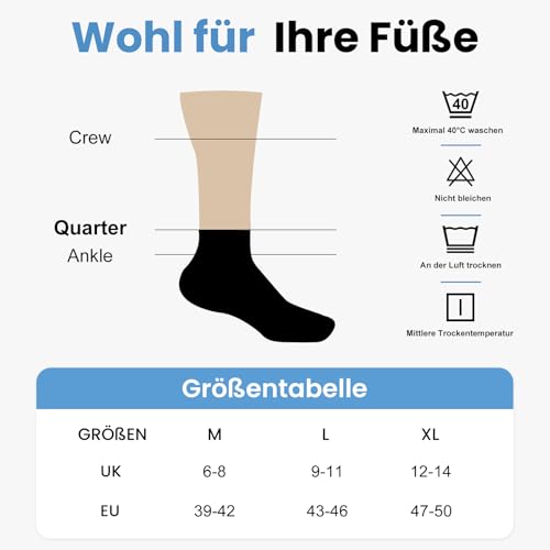 Stoeury Sneaker Socken Herren, Quarter Socken mit Frotteesohle, Atmungsaktive Sportsocken aus Baumwolle mit Nahtlose Zehen, Tennissocken für Laufen Wandern, 6 Paar, Schwarz, 43-46