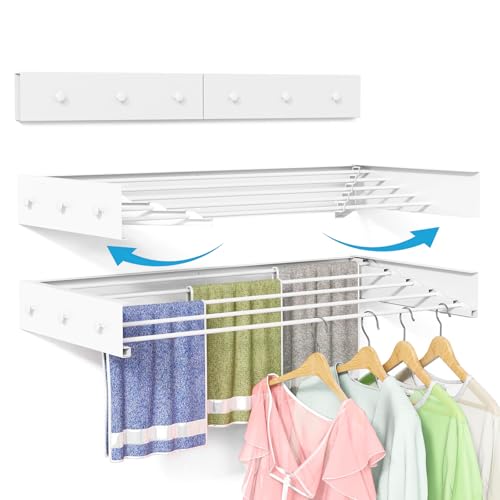 Wall Mounted Drying Rack for Laundry 31.5'', Folding Clothes Drying Rack Wall Mount with 5 Rods and 6 Hooks, Space Saving Collapsible Towel Rack for Indoor Outdoor Bathroom Balcony (White, 31.5'')