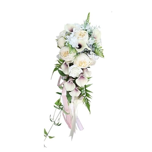 HIFRQVVC Wedding bouquets with handles, White Bridal Bouquet Waterfall Calla Lilies Faux Rose Party Decoration(White-a)