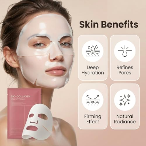 Image of Bio Collagen Night Mask - Hydrating Overnight Hydrogel Korean Glass Skin Mask, Wrapping Peel Off Facial Mask for Deep Hydration & Skin Care, Moisturizing Sheet Face Mask Pack of 4