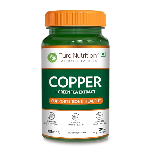 Image of Pure Nutrition Copper Supplements | Copper Tablets Capsules for Men & Women 1700mcg with Green Tea Extract | Support Connective Tissues, Brain Health, Boost Immunity - 120 Veg Capsules