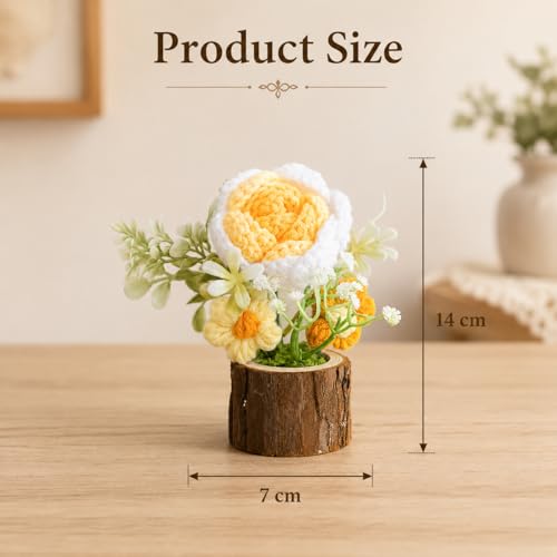 Image of Handmade Crochet Flower with Real Wood Base, 12 cm Yellow White & Green Artificial Knitted Rose Bouquet for Home Office Table Shelf Desk Decor, Bedroom Living Room Gift Decoration