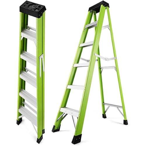 6-FT Fiberglass Step Ladder, 500 lb Capacity Non-Conductive Ladder for Electrical Work, A-Frame Design with Wide Steps and Non-Slip Rubber Feet, Heavy-Duty Professional Grade, Green (5 Steps 6ft)