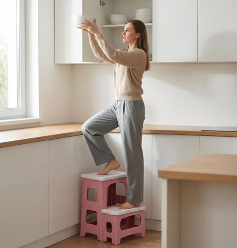 Image of 2 Step Stool Foldable, Non-Slip Steps, Folding Step Stool for Adults, Plastic Stool Pool Ladder, Collapsible Stools 2 Step Ladder for Kitchen Toilet Bedroom Office RV, Holds 330 lbs