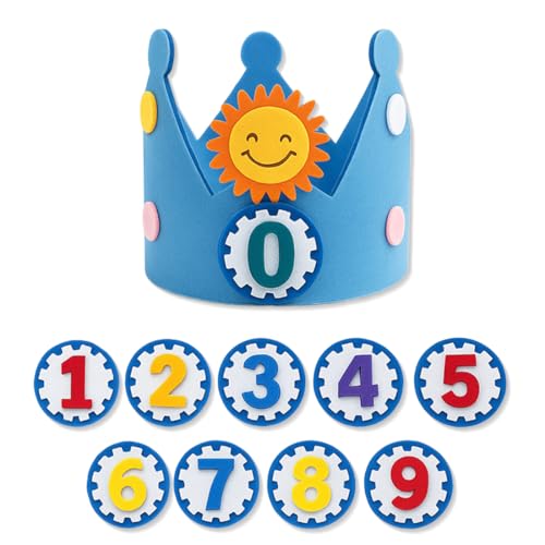 corona cumpleaños para niños, tejido corona cumpleaños 1 año, coronas de cumpleaños para niños y niñas, con números intercambiables del 0 al 9 (azul).