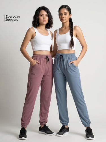 Image of Fflirtygo Cotton Solid Joggers /Track Pant /Solid Pajama /Leggings �100% Export Quality Soft Cotton Night Wear /Pocket Pyjama for Women Combo Pack of 2Pcs, Blue and Grey