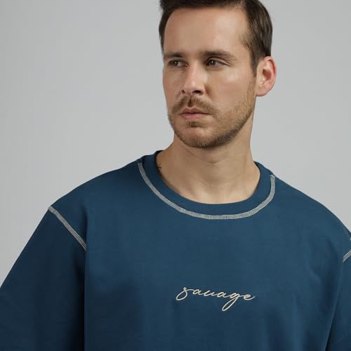 Image of BE SAVAGE 240 GSM Ultra Premium Heavyweight Oversized T Shirt for Men with Embroidered Savage in Front Drop Shoulder T Shirts for Men Embroidery T Shirt
