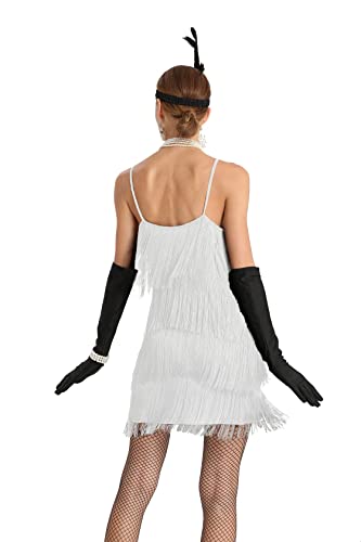 Image of Women 1920s Gatsby Flapper Dress Sexy Open Back Strap Fringed Cocktail Party Dress with 20s Accessories