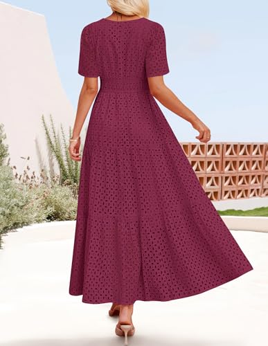 Image of ZESICA Women's 2026 Summer Short Sleeve Maxi Dress Casual V Neck Hollow Out Eyelet Ruffle Swing A Line Long Dresses